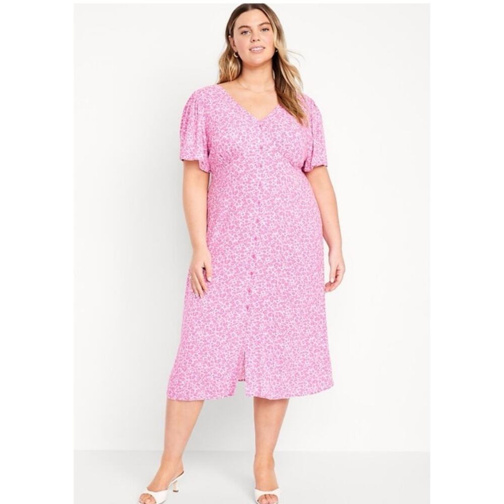 Old Navy Pink Ditsy Floral Midi Dress Cottagecore Waist Defined Size M